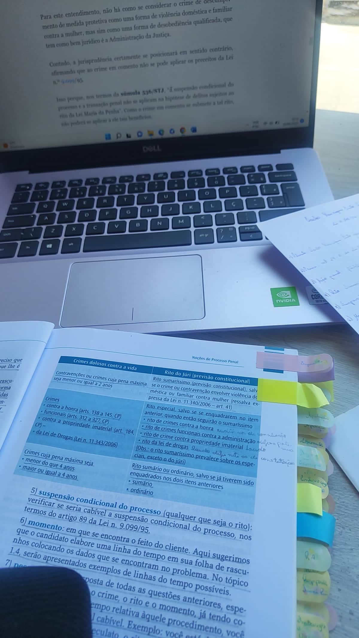 Mesa de trabalho com notebook, anotações manuscritas e um manual de processo penal marcado com abas coloridas